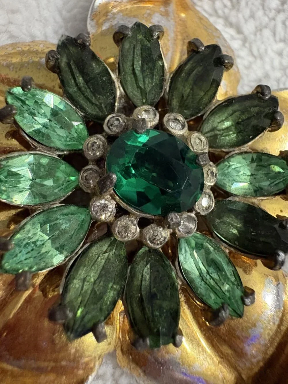 Vintage Mid Century Gold Tone Floral Brooch Green Marquise Rhinestone Flower Pin